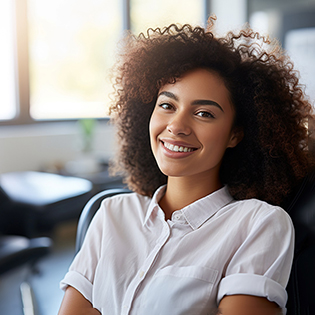 Woman in white shirt sitting on black chair