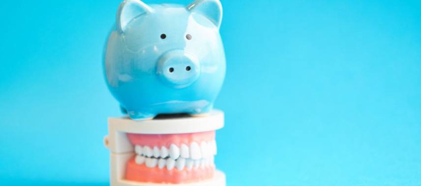 Blue piggy bank sitting on a dental model 